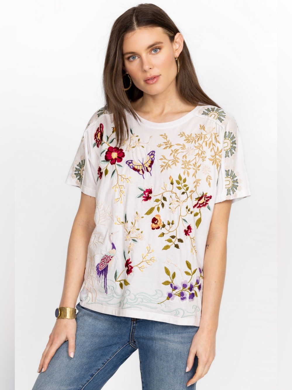 JOHNNY WAS Embroidered White Cotton Osaka Raw Seam Dolman Tee Shirt Top Size S